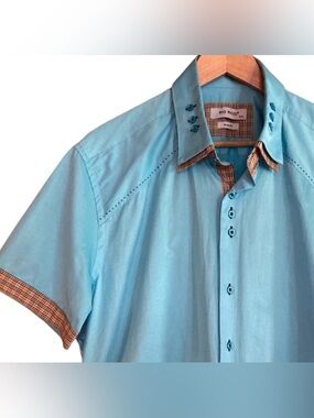 2/$30 Men’s XXL Slim Fit Light Blue Button Double Collar Plaid Trim 90s Shirt